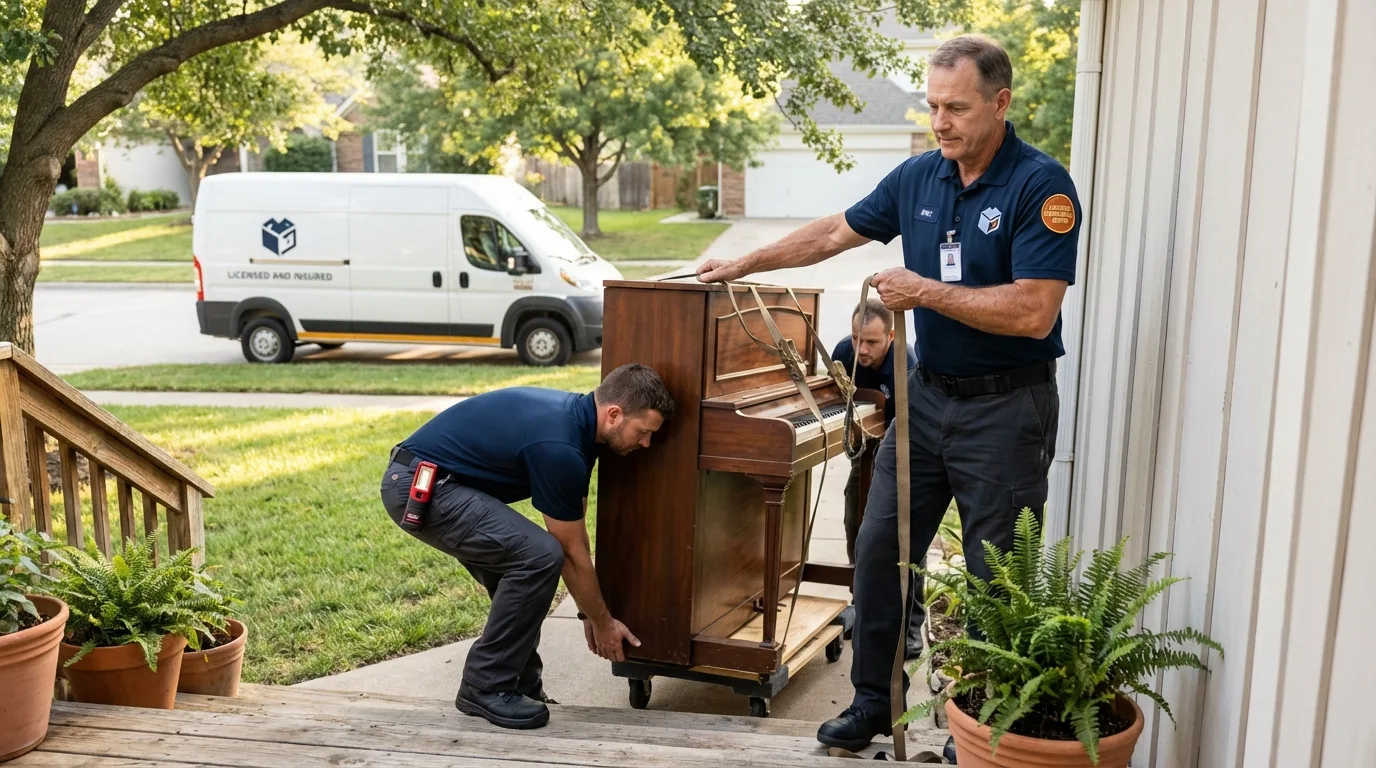 Licensed piano movers securing grand piano in Hamlin, NY